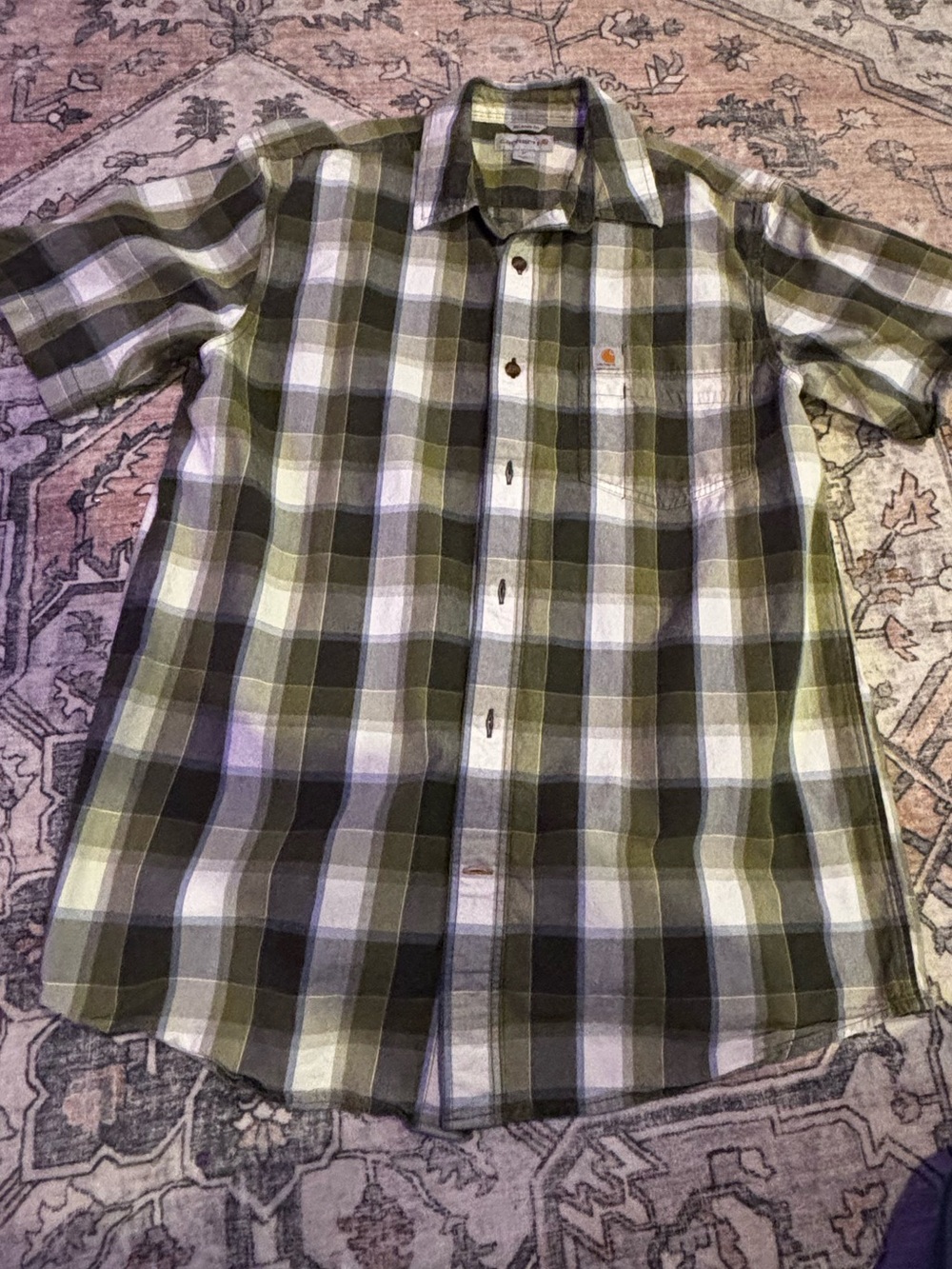 Carhartt Men's Olive and White Plaid Short-Sleeve Button-Down Shirt